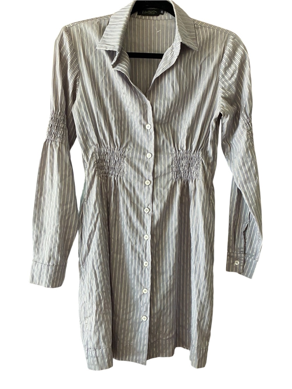 Animale 100% Cotton Striped Button-Front Mini Dress Smocked Light Gray & White S